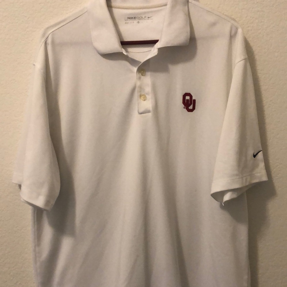 NIKE GOLF DRI-FIT GOLF SHIRT WITH UNIVERSITY OF OKLAHOMA (OU) LOGO.